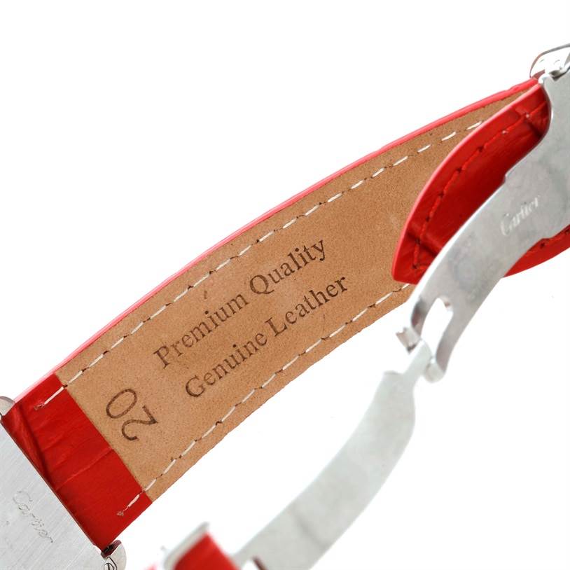 This image shows a close-up of the leather strap and clasp of a Cartier Tank Solo W1018355 Women's Stainless Steel Silver Dial W1018355 Women's Stainless Steel Silver Dial watch.