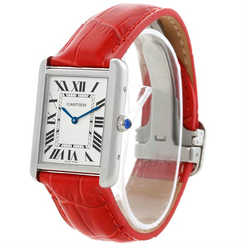 Cartier Tank Solo Large Steel Red Strap Watch W1018355 Box Papers SwissWatchExpo