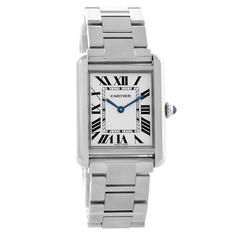 The image shows a front view of a Cartier Tank Solo W5200013 Women
s Stainless Steel Silver Dial W5200013 Women
s Stainless Steel Silver Dial watch, displaying its face, bezel, and metal bracelet.