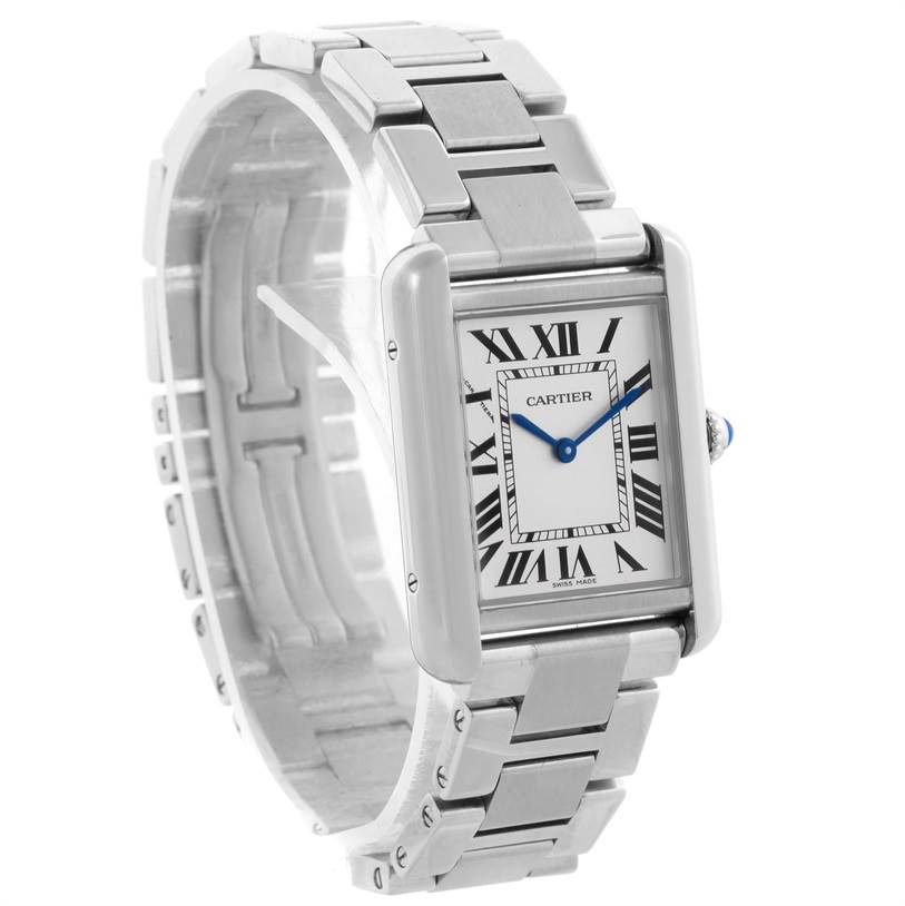 This image shows a Cartier Tank Solo W5200013 Women
s Stainless Steel Silver Dial W5200013 Women
s Stainless Steel Silver Dial watch at a three-quarter angle, highlighting its face, Roman numerals, and metal bracelet.