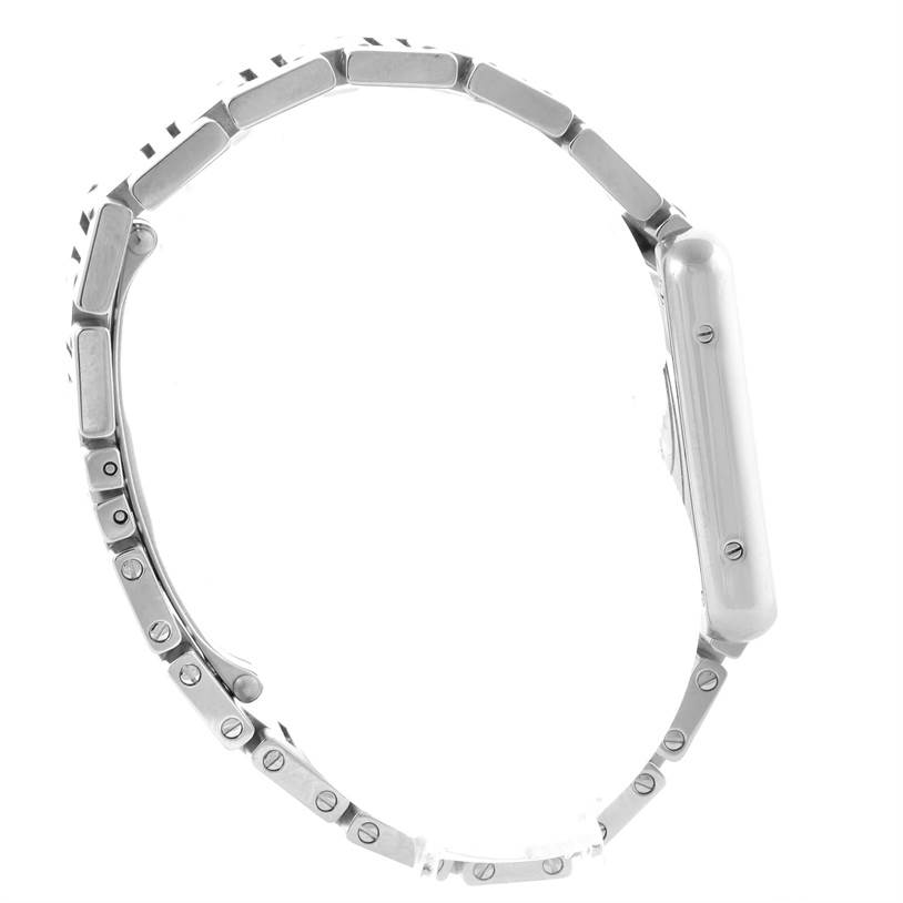 The image shows a Cartier Tank Solo W5200013 Women
s Stainless Steel Silver Dial W5200013 Women
s Stainless Steel Silver Dial watch in a side profile view, highlighting its metal case and bracelet.