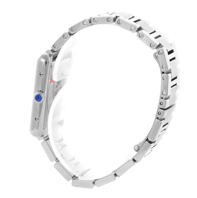 This image shows a side view of the Cartier Tank Solo W5200013 Women
s Stainless Steel Silver Dial W5200013 Women
s Stainless Steel Silver Dial watch, highlighting its band and blue cabochon crown.