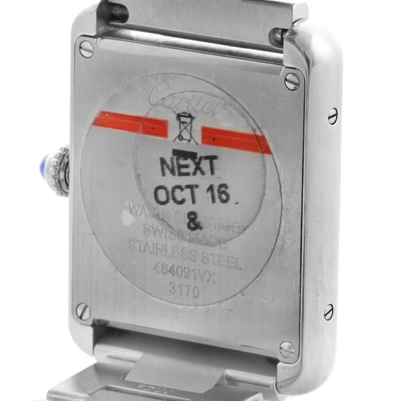 This is a rear view of the Cartier Tank Solo W5200013 Women
s Stainless Steel Silver Dial W5200013 Women
s Stainless Steel Silver Dial watch, showing the case back and part of the bracelet.