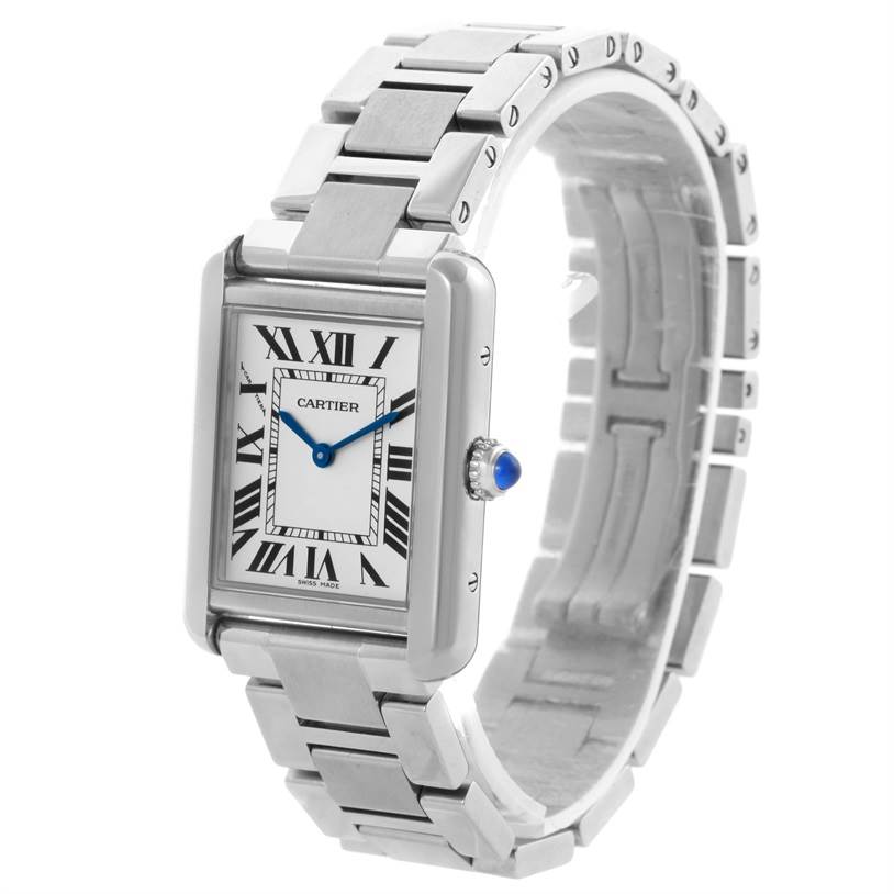 This image displays the Cartier Tank Solo W5200013 Women
s Stainless Steel Silver Dial W5200013 Women
s Stainless Steel Silver Dial watch at a slight angle, showcasing the face, bezel, and metal bracelet.