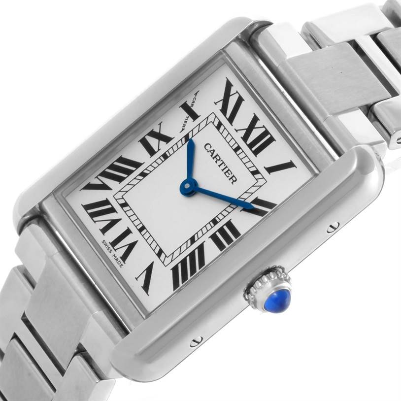 The image shows a close-up, angled view of the Cartier Tank Solo W5200013 Women
s Stainless Steel Silver Dial W5200013 Women
s Stainless Steel Silver Dial watch face and part of its bracelet.