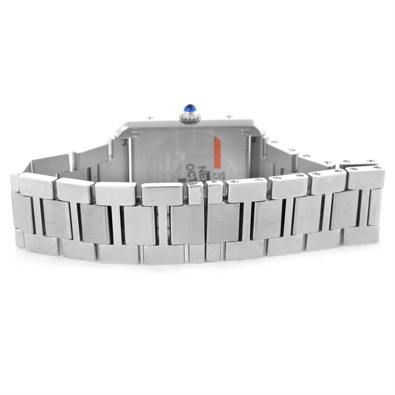 This image shows the back view of a Cartier Tank Solo W5200013 Women
s Stainless Steel Silver Dial W5200013 Women
s Stainless Steel Silver Dial watch, focusing on its stainless steel bracelet and case.