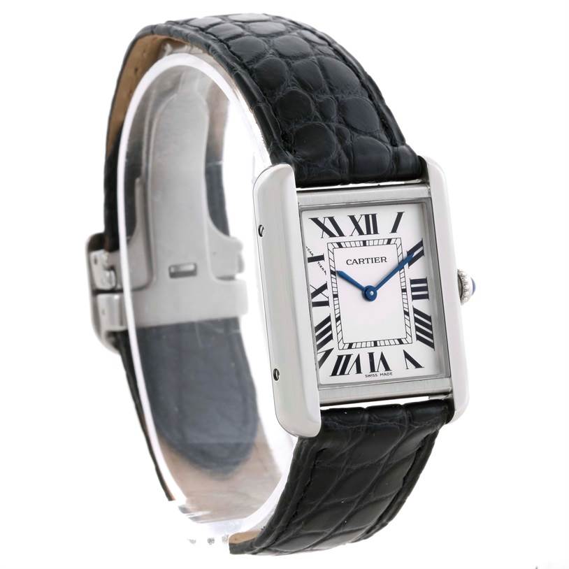 This image shows a Cartier Tank Solo W1018255 Women's Stainless Steel Silver Dial W1018255 Women's Stainless Steel Silver Dial watch at a slight angle, highlighting its face, leather strap, and clasp.