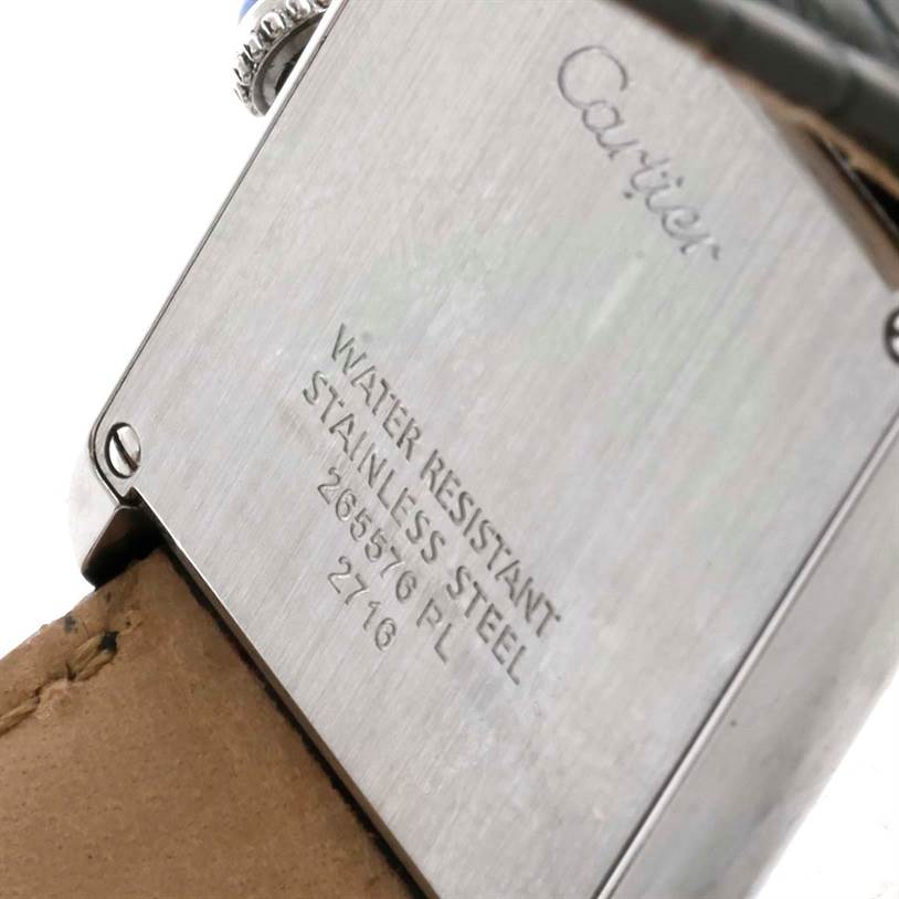 This image shows the back case of the Cartier Tank Solo W1018255 Women's Stainless Steel Silver Dial W1018255 Women's Stainless Steel Silver Dial watch, highlighting the engraving and materials used.