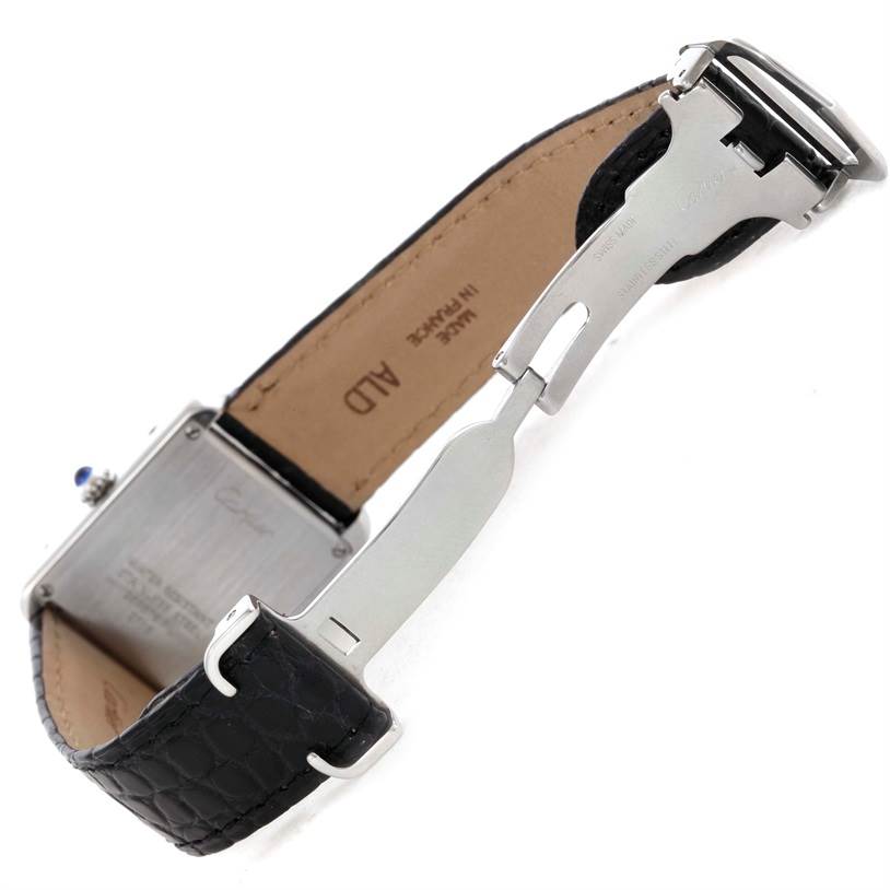 This image shows the back view, clasp, and part of the strap of a Cartier Tank Solo W1018255 Women's Stainless Steel Silver Dial W1018255 Women's Stainless Steel Silver Dial watch.