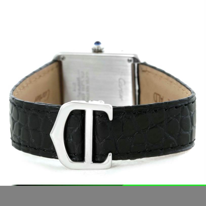 The image shows the back view of a Cartier Tank Solo W1018255 Women's Stainless Steel Silver Dial W1018255 Women's Stainless Steel Silver Dial watch with a focus on its black leather strap and clasp.