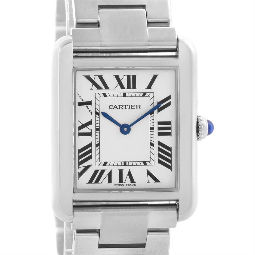 The image shows a front view of a Cartier Tank Solo W5200013 Women
s Stainless Steel Silver Dial W5200013 Women
s Stainless Steel Silver Dial watch, displaying its face, dial, markers, and part of the bracelet.