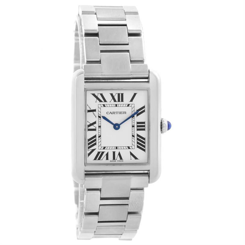The Cartier Tank Solo W5200013 Women
s Stainless Steel Silver Dial W5200013 Women
s Stainless Steel Silver Dial watch is shown from a front angle, displaying its rectangular face, Roman numerals, and metal bracelet.