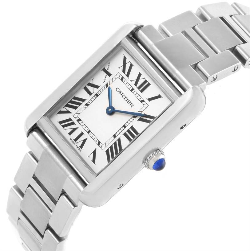 The image shows a Cartier Tank Solo W5200013 Women
s Stainless Steel Silver Dial W5200013 Women
s Stainless Steel Silver Dial watch at an angled view, highlighting the face, crown, and stainless steel bracelet.