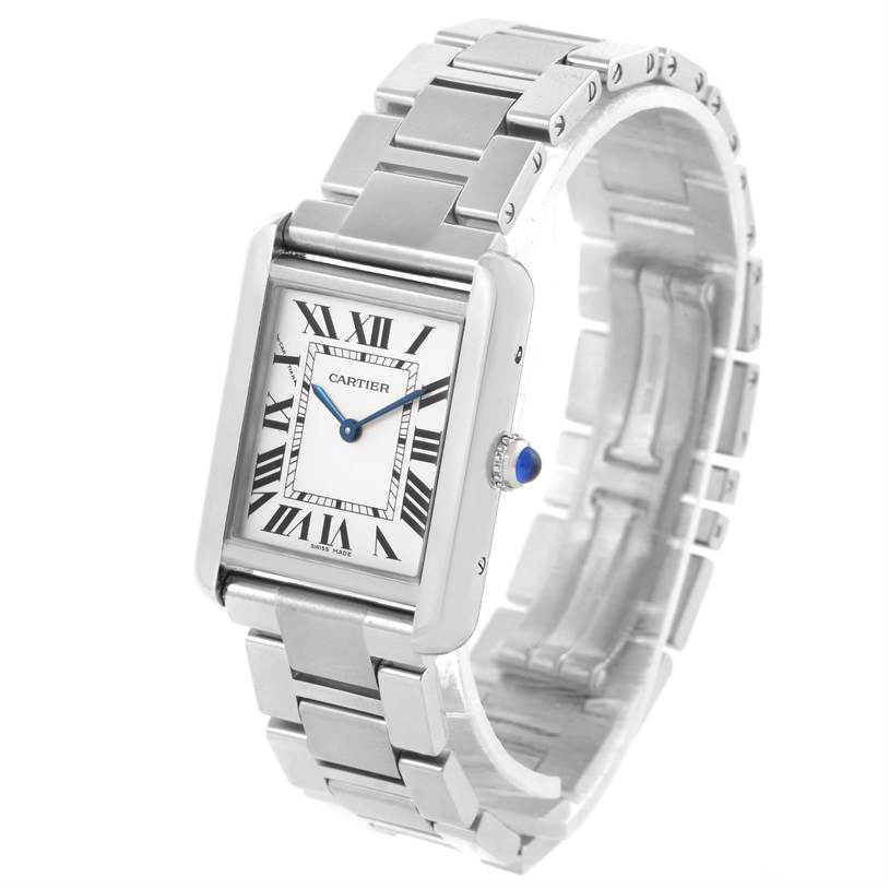 The Cartier Tank Solo W5200013 Women
s Stainless Steel Silver Dial W5200013 Women
s Stainless Steel Silver Dial watch is shown from a three-quarters angle, highlighting its face, bracelet, and crown.