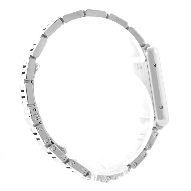 This image shows a Cartier Tank Solo W5200013 Women
s Stainless Steel Silver Dial W5200013 Women
s Stainless Steel Silver Dial watch from a side profile, highlighting its band and case.