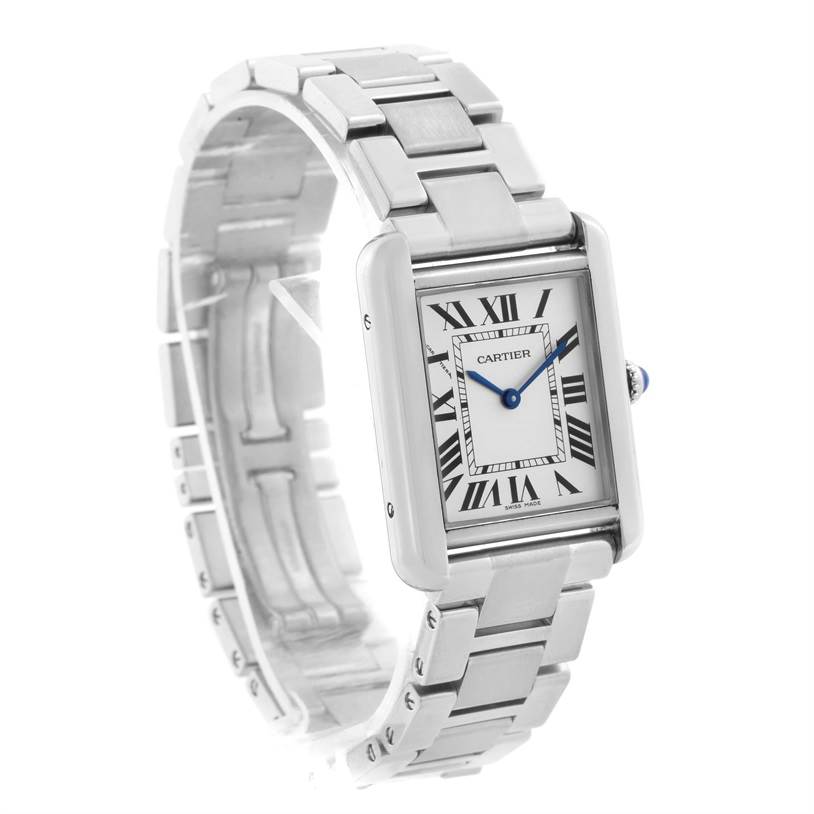 This image shows a Cartier Tank Solo W5200013 Women
s Stainless Steel Silver Dial W5200013 Women
s Stainless Steel Silver Dial watch at a slight angle, highlighting its face, Roman numerals, and metal bracelet.