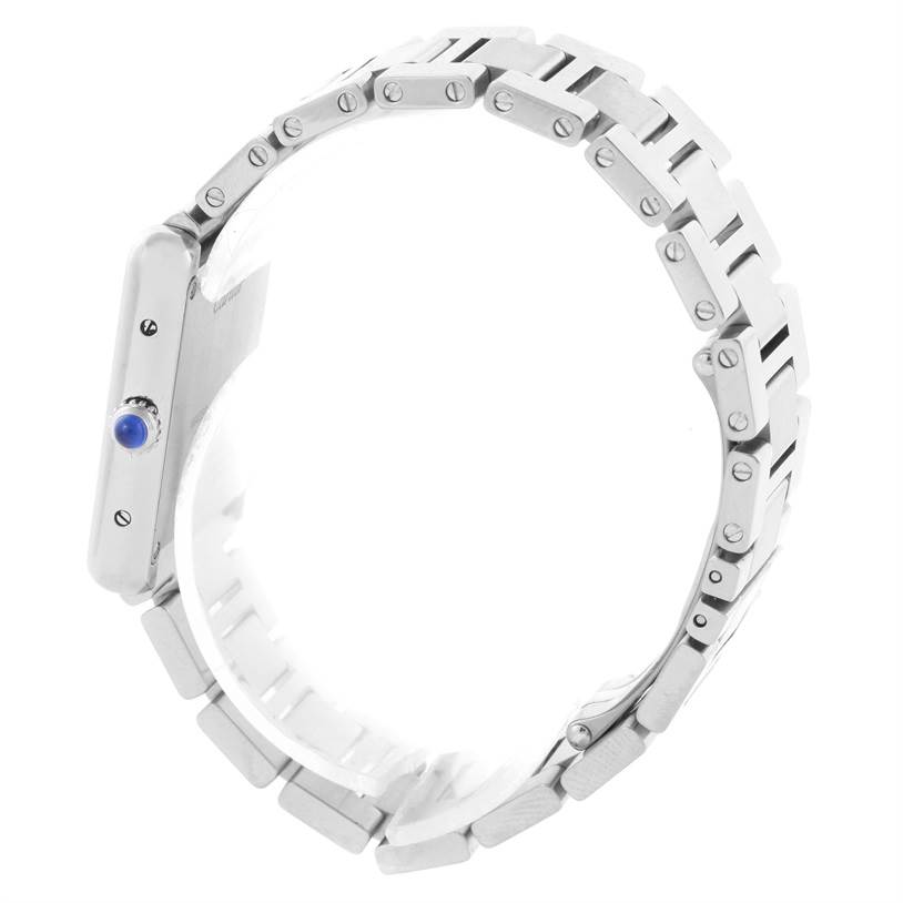 Side view of the Cartier Tank Solo W5200013 Women
s Stainless Steel Silver Dial W5200013 Women
s Stainless Steel Silver Dial model showcasing its metal bracelet and crown with a blue cabochon.