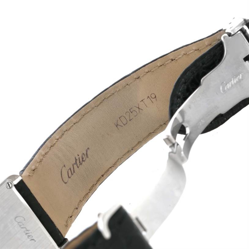 The image shows the clasp and inner leather strap of a Cartier Tank Solo W1018255 Women
s Stainless Steel Silver Dial W1018255 Women
s Stainless Steel Silver Dial watch.