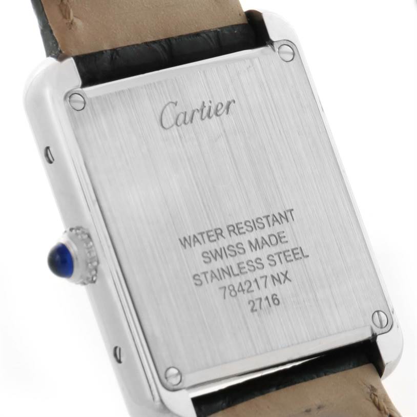This image shows the back case of the Cartier Tank Solo W1018255 Women
s Stainless Steel Silver Dial W1018255 Women
s Stainless Steel Silver Dial watch, highlighting its water resistance and stainless steel construction.