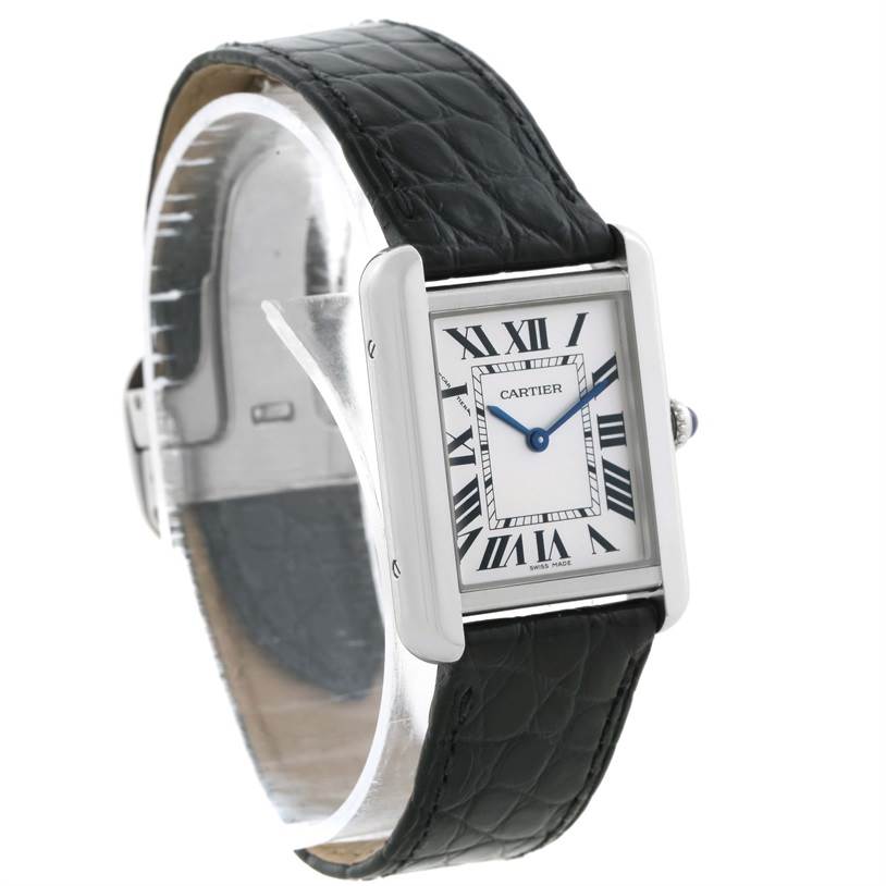 This image shows a Cartier Tank Solo W1018255 Women
s Stainless Steel Silver Dial W1018255 Women
s Stainless Steel Silver Dial watch at a three-quarter angle, displaying its rectangular face, Roman numerals, and black leather strap.