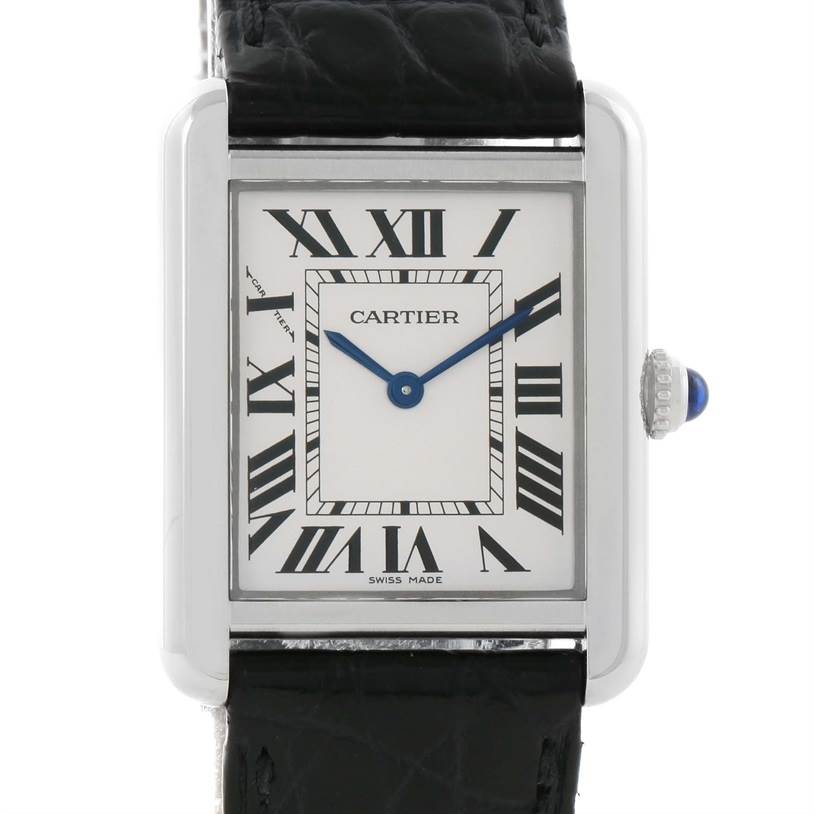 The image shows a front view of the Cartier Tank Solo W1018255 Women
s Stainless Steel Silver Dial W1018255 Women
s Stainless Steel Silver Dial watch, highlighting the rectangular dial, Roman numerals, and black leather strap.