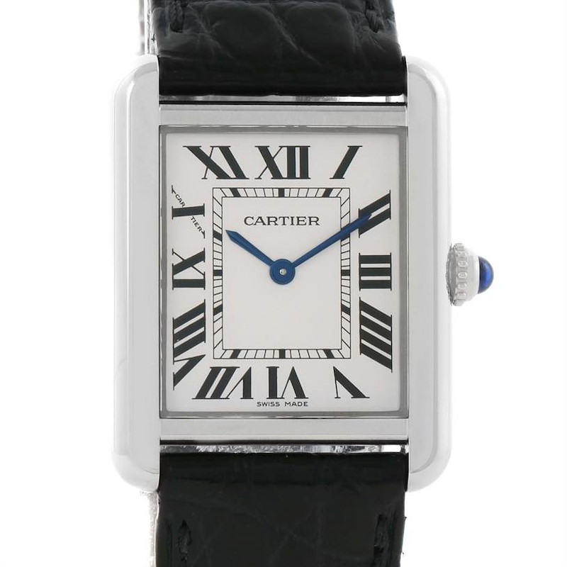 The image shows a front view of the Cartier Tank Solo watch, highlighting the rectangular dial, Roman numerals, and black leather strap.