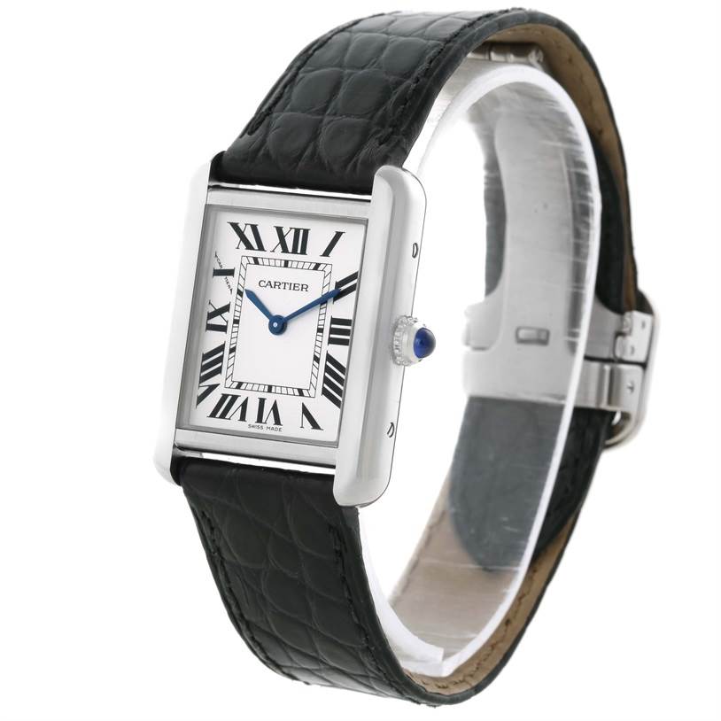 The image shows a Cartier Tank Solo W1018255 Women
s Stainless Steel Silver Dial W1018255 Women
s Stainless Steel Silver Dial watch at a three-quarter angle, highlighting the face, crown, and strap.