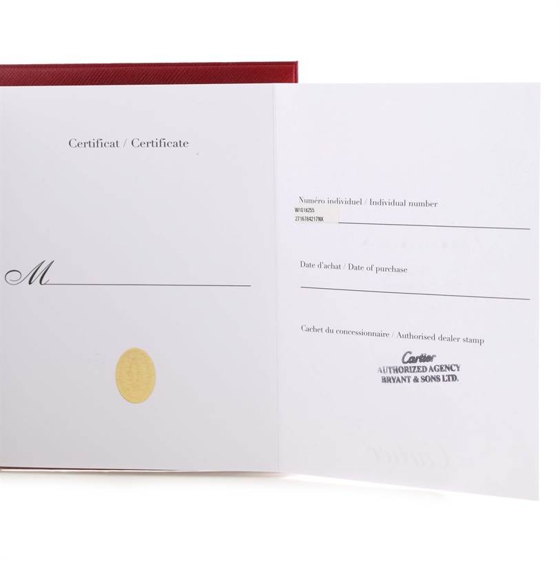 The image shows the Best Quality
ity certificate of a Cartier Tank Solo W1018255 Women
s Stainless Steel Silver Dial W1018255 Women
s Stainless Steel Silver Dial watch, displaying sections for individual number, purchase date, and dealer stamp.