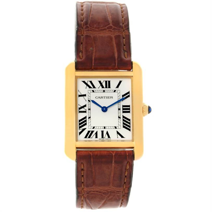 This image shows a front view of the Cartier Tank Solo W1018755 Women's Steel and Gold (two tone) Silver Dial W1018755 Women's Steel and Gold (two tone) Silver Dial watch, displaying its face, case, and strap.