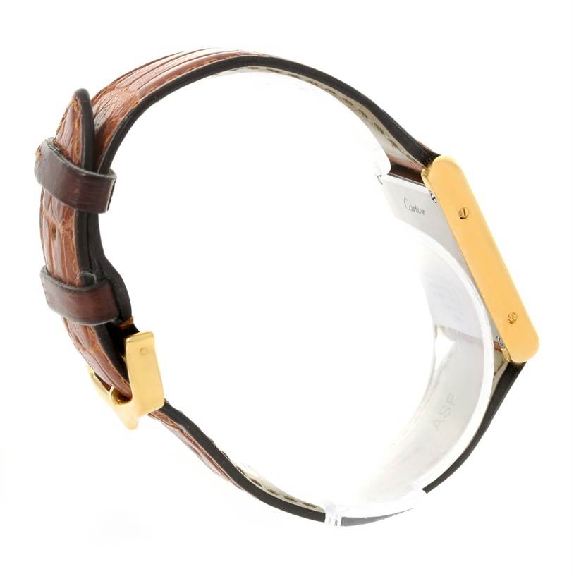 This image shows a side view of a Cartier Tank Solo W1018755 Women's Steel and Gold (two tone) Silver Dial W1018755 Women's Steel and Gold (two tone) Silver Dial watch, highlighting the strap and case.