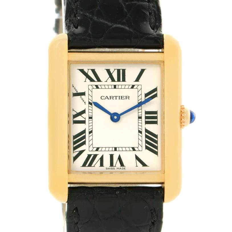 The image shows a front view of the Cartier Tank Solo W1018755 Women's Steel and Gold (two tone) Silver Dial W1018755 Women's Steel and Gold (two tone) Silver Dial watch, highlighting its rectangular face, Roman numerals, and black strap.