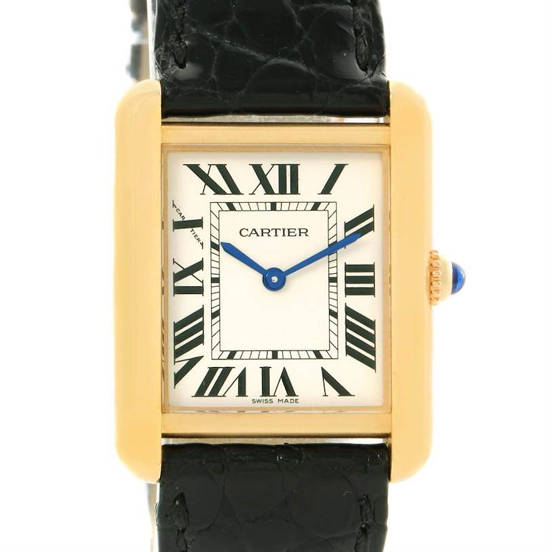 The image shows a front view of the Cartier Tank Solo watch, highlighting its rectangular face, Roman numerals, and black strap.