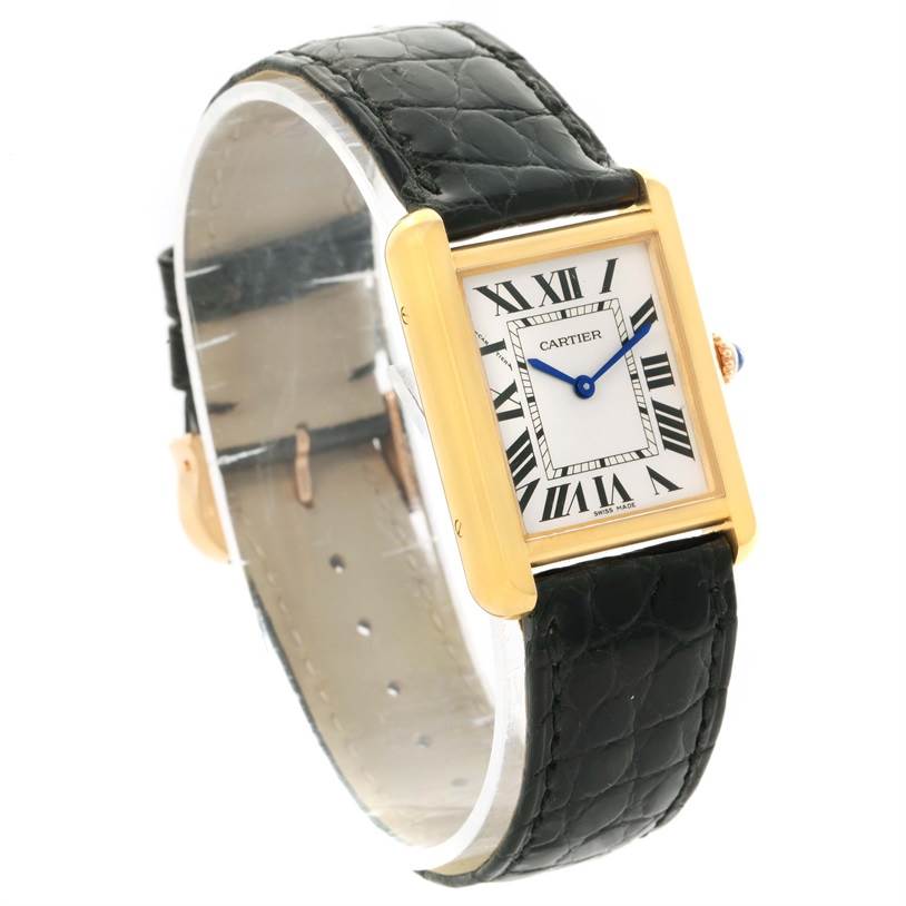 The image shows a Cartier Tank Solo W1018755 Women's Steel and Gold (two tone) Silver Dial W1018755 Women's Steel and Gold (two tone) Silver Dial watch at an angle highlighting the face, bezel, and black leather strap.