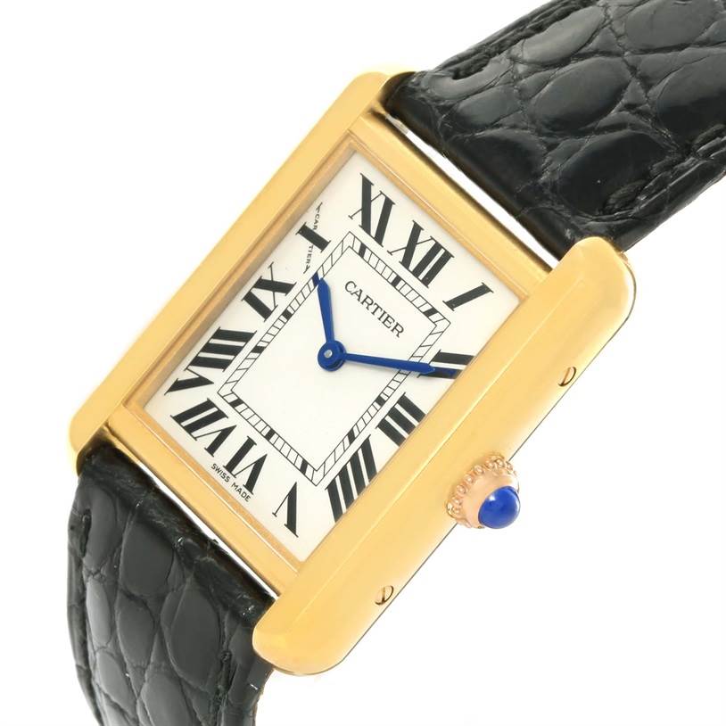 The image shows a Cartier Tank Solo W1018755 Women's Steel and Gold (two tone) Silver Dial W1018755 Women's Steel and Gold (two tone) Silver Dial watch angled slightly to display the dial, crown, and black leather strap.