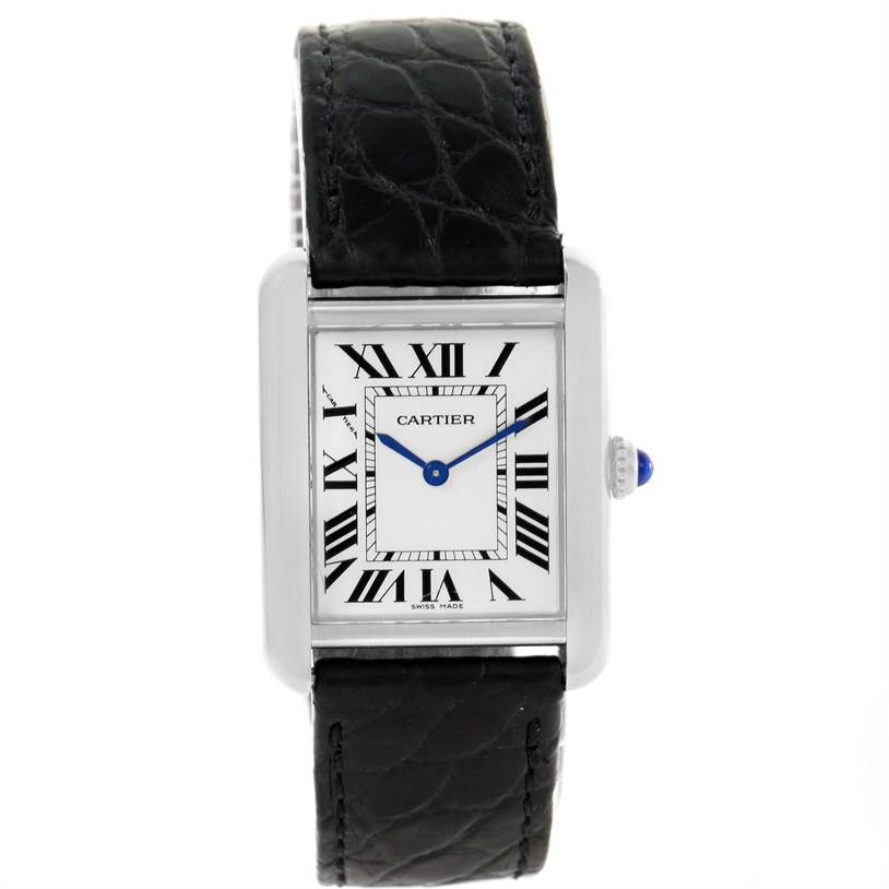 The image shows a frontal view of the Cartier Tank Solo W1018255 Women
s Stainless Steel Silver Dial W1018255 Women
s Stainless Steel Silver Dial watch, featuring its rectangular dial, Roman numerals, and a black leather strap.