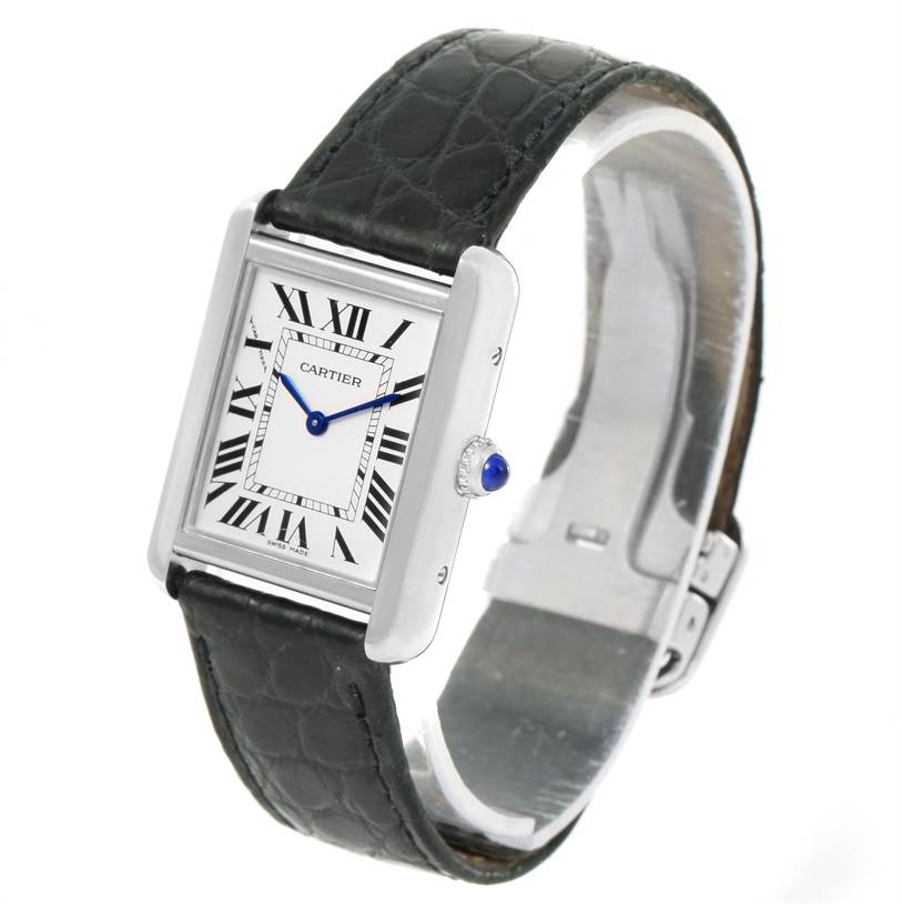 This image shows the Cartier Tank Solo W1018255 Women
s Stainless Steel Silver Dial W1018255 Women
s Stainless Steel Silver Dial watch at a slight side angle, revealing the face, strap, and crown.