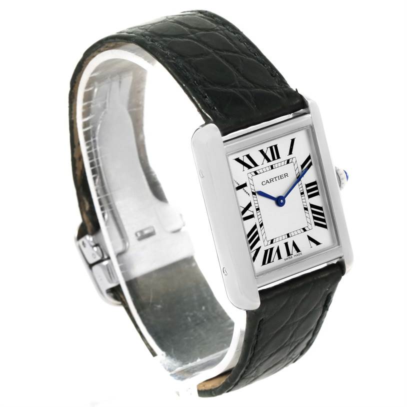 The image shows a Cartier Tank Solo W1018255 Women
s Stainless Steel Silver Dial W1018255 Women
s Stainless Steel Silver Dial watch at an angle highlighting its face, strap, and side profile.