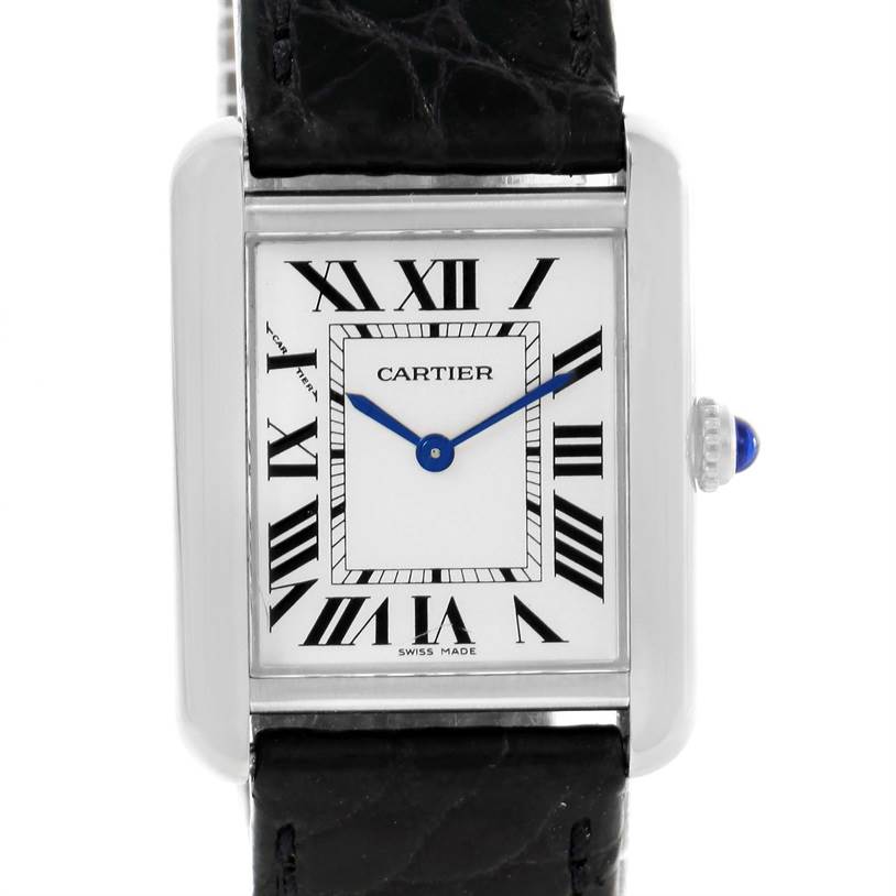 The image shows a Cartier Tank Solo W1018255 Women
s Stainless Steel Silver Dial W1018255 Women
s Stainless Steel Silver Dial watch from a front angle, highlighting the face, Roman numerals, and part of the strap.