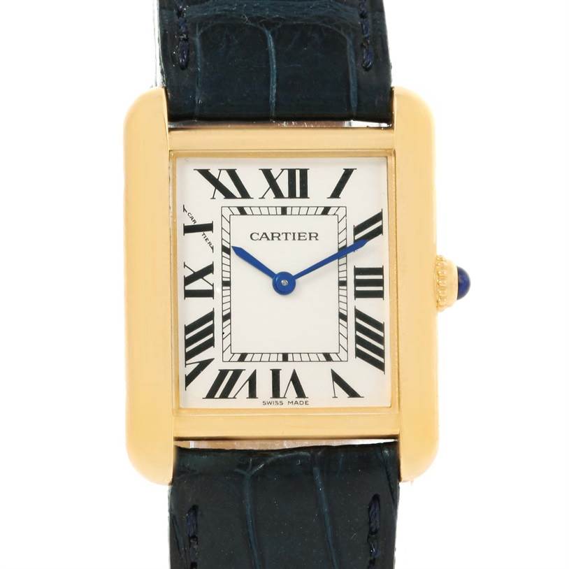 The image shows a front view of the Cartier Tank Solo W1018755 Women's Steel and Gold (two tone) Silver Dial W1018755 Women's Steel and Gold (two tone) Silver Dial watch, highlighting its rectangular face, Roman numerals, and blue hands.