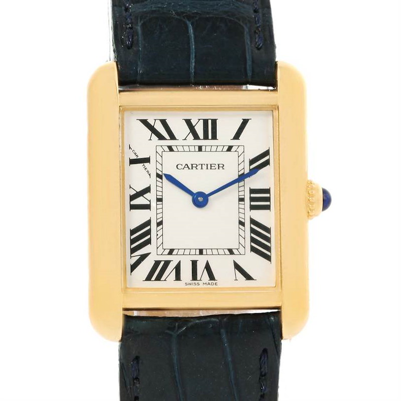 The image shows a front view of the Cartier Tank Solo watch, highlighting its rectangular face, Roman numerals, and blue hands.