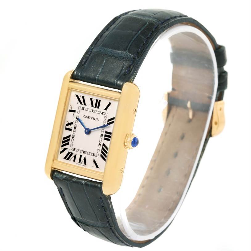 The image shows a Cartier Tank Solo W1018755 Women's Steel and Gold (two tone) Silver Dial W1018755 Women's Steel and Gold (two tone) Silver Dial watch at an angle highlighting its face, strap, and side crown.