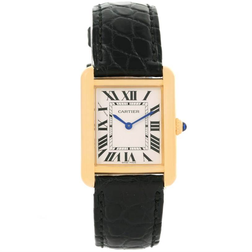 The image shows the Cartier Tank Solo W1018755 Women's Steel and Gold (two tone) Silver Dial W1018755 Women's Steel and Gold (two tone) Silver Dial watch from a frontal angle, displaying the face, case, bezel, and part of the black strap.