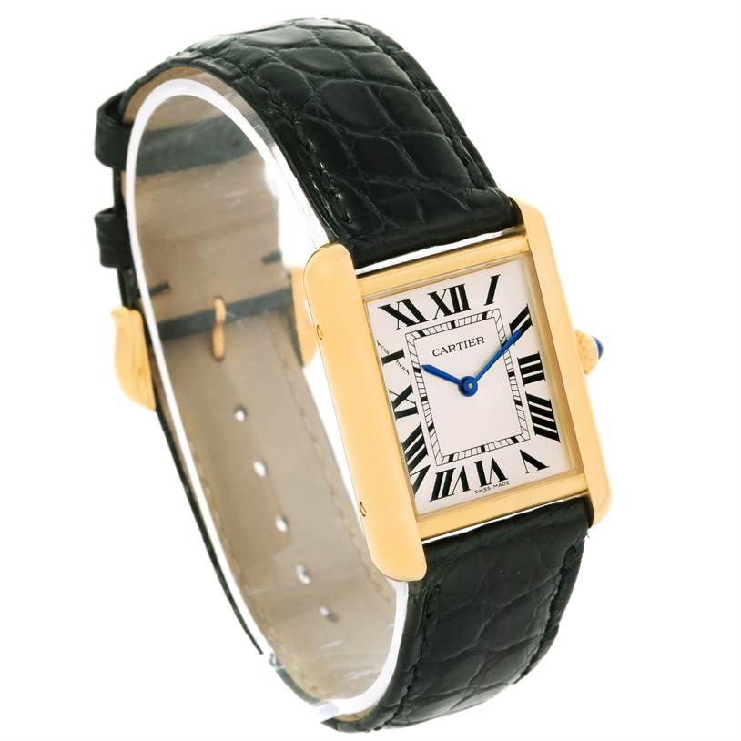 This image shows a Cartier Tank Solo W1018755 Women's Steel and Gold (two tone) Silver Dial W1018755 Women's Steel and Gold (two tone) Silver Dial watch featuring a rectangular dial, Roman numerals, and a black leather strap, angled slightly to the right.