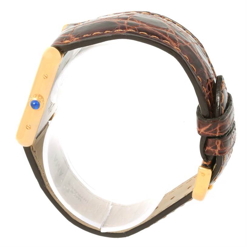 This side view of the Cartier Tank Solo W1018755 Women's Steel and Gold (two tone) Silver Dial W1018755 Women's Steel and Gold (two tone) Silver Dial watch showcases a gold bezel and a brown leather strap.