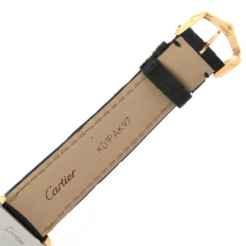 The image shows the leather strap and buckle of a Cartier Tank Solo W1018755 Women's Steel and Gold (two tone) Silver Dial W1018755 Women's Steel and Gold (two tone) Silver Dial watch, viewed from the underside.