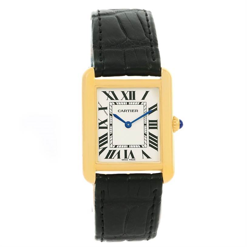 The image shows a Cartier Tank Solo W1018755 Women's Steel and Gold (two tone) Silver Dial W1018755 Women's Steel and Gold (two tone) Silver Dial watch from a front angle, highlighting its rectangular dial, leather strap, and gold case.