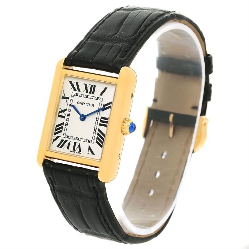 The Cartier Tank Solo W1018755 Women's Steel and Gold (two tone) Silver Dial W1018755 Women's Steel and Gold (two tone) Silver Dial watch is shown at a front angle, displaying its face, bezel, strap, and side crown.