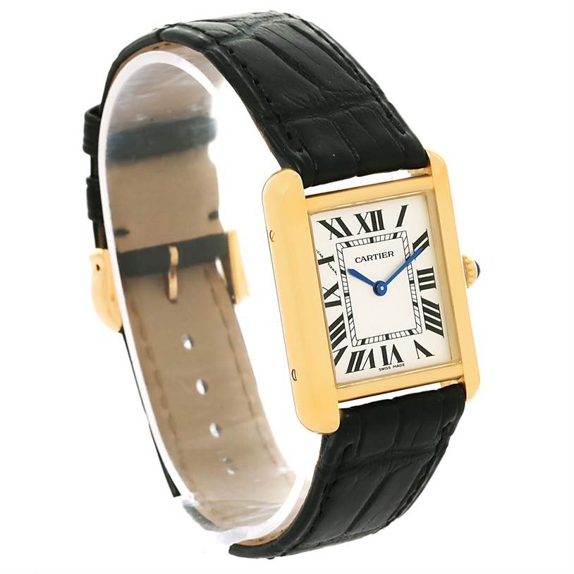 The image shows a Cartier Tank Solo W1018755 Women's Steel and Gold (two tone) Silver Dial W1018755 Women's Steel and Gold (two tone) Silver Dial watch angled to display the face, case, and black leather strap.