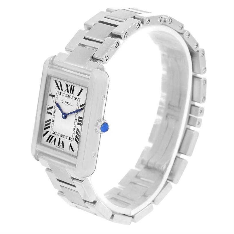 The image shows a Cartier Tank Solo W5200013 Women's Stainless Steel Silver Dial W5200013 Women's Stainless Steel Silver Dial watch at a slight angle, highlighting the face, Roman numerals, and metal bracelet.