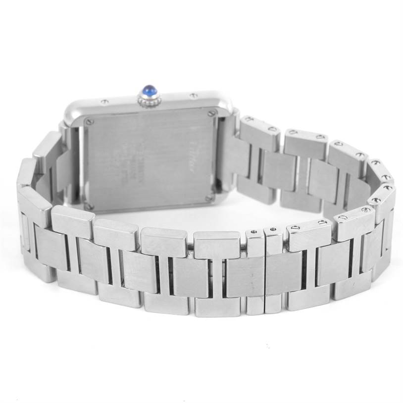 The image shows the back and bracelet of the Cartier Tank Solo W5200013 Women's Stainless Steel Silver Dial W5200013 Women's Stainless Steel Silver Dial watch from an angled rear perspective.